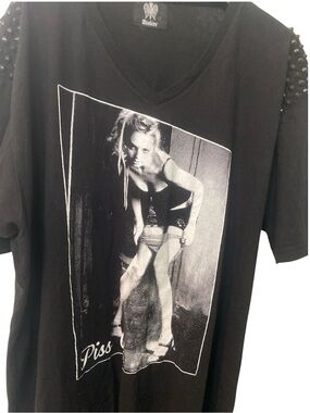 Black Graphic Tee with Studded Shoulders